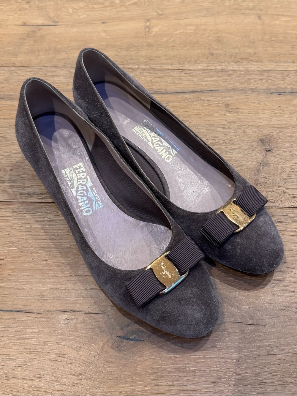 Salvatore Ferragamo Taupe Suede Vara Bow Flats